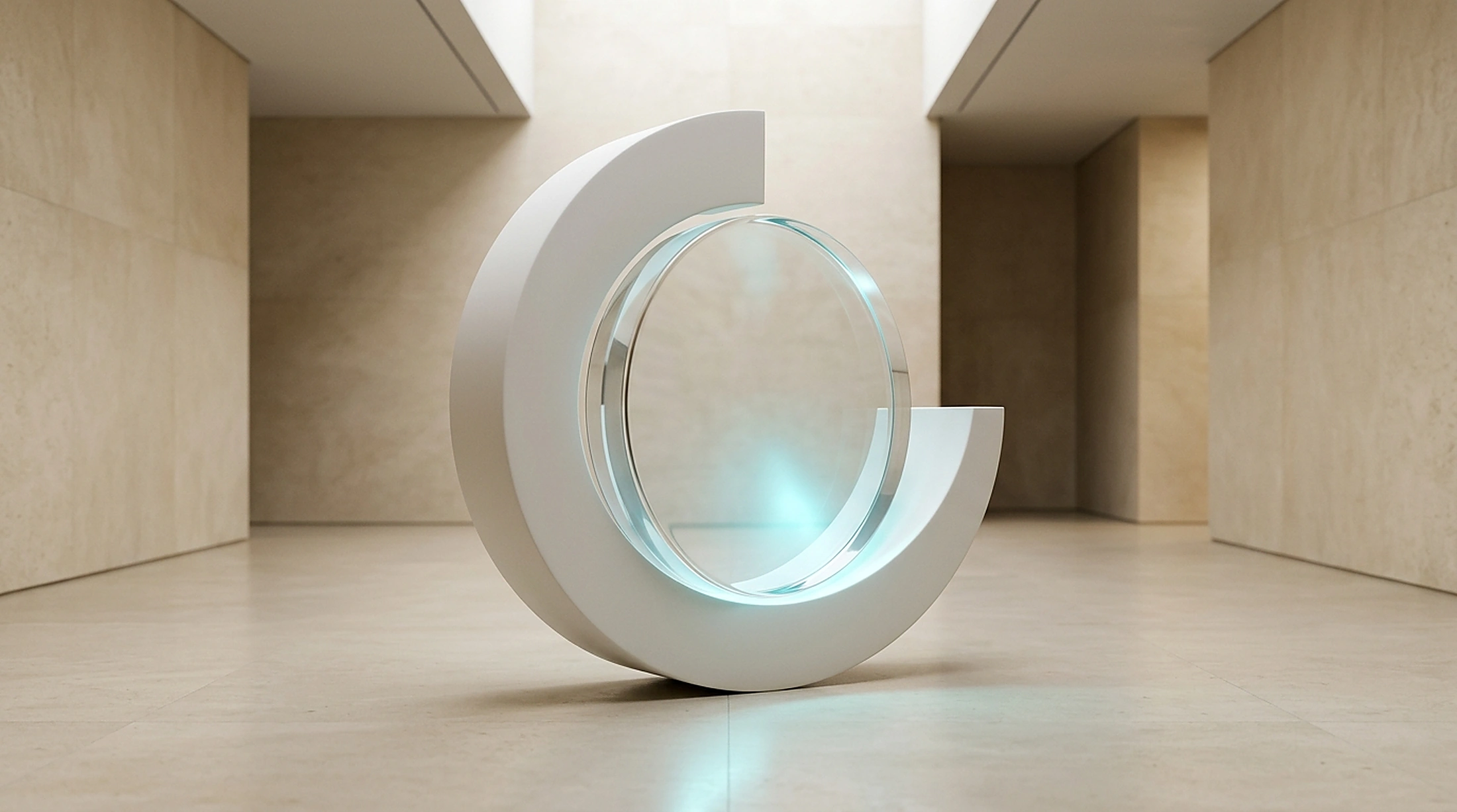 Minimalist curved white porcelain monolith cradling an optical crystal lens with subtle cyan glow on gallery floor