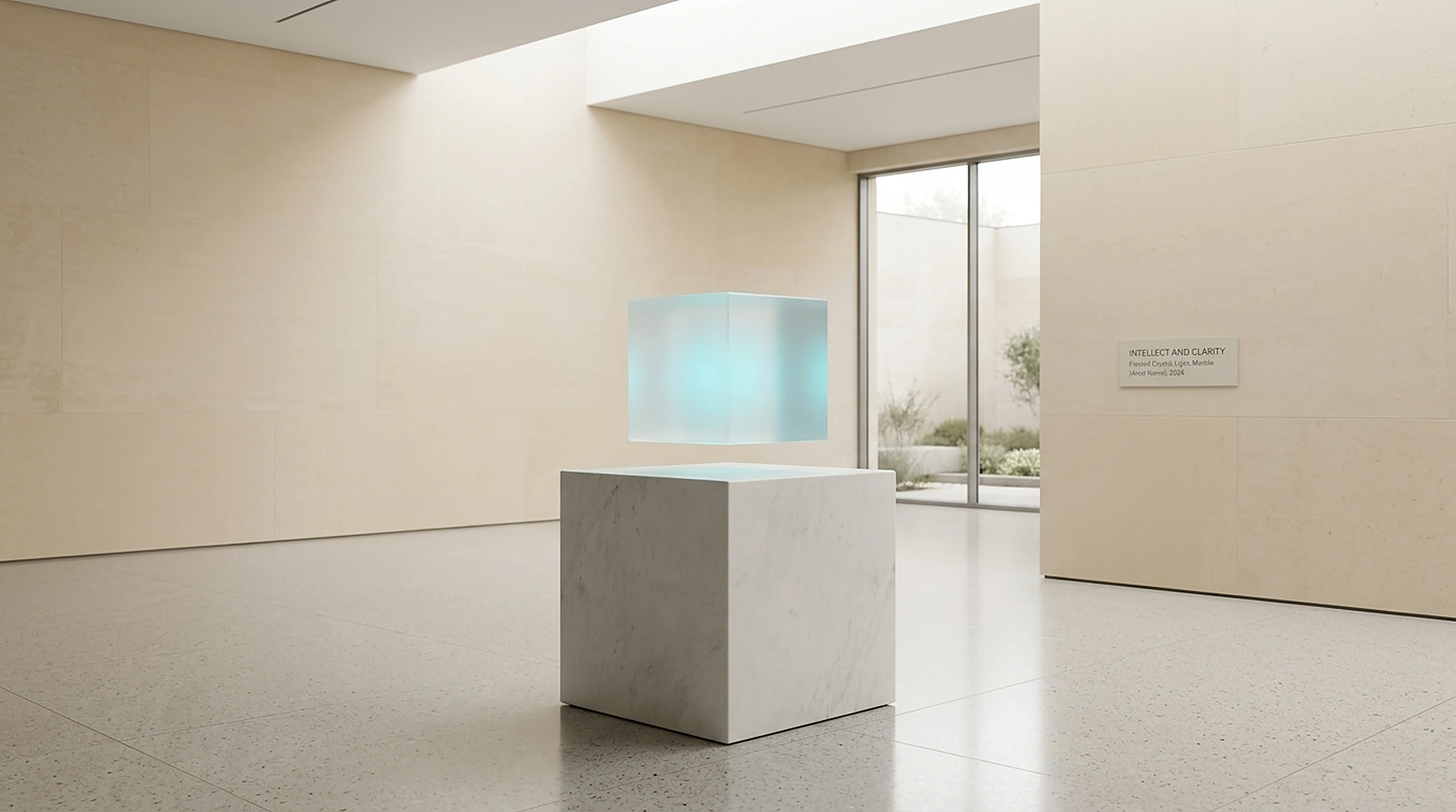 Minimalist floating frosted crystal cube with subtle cyan core hovering above white marble plinth in museum gallery