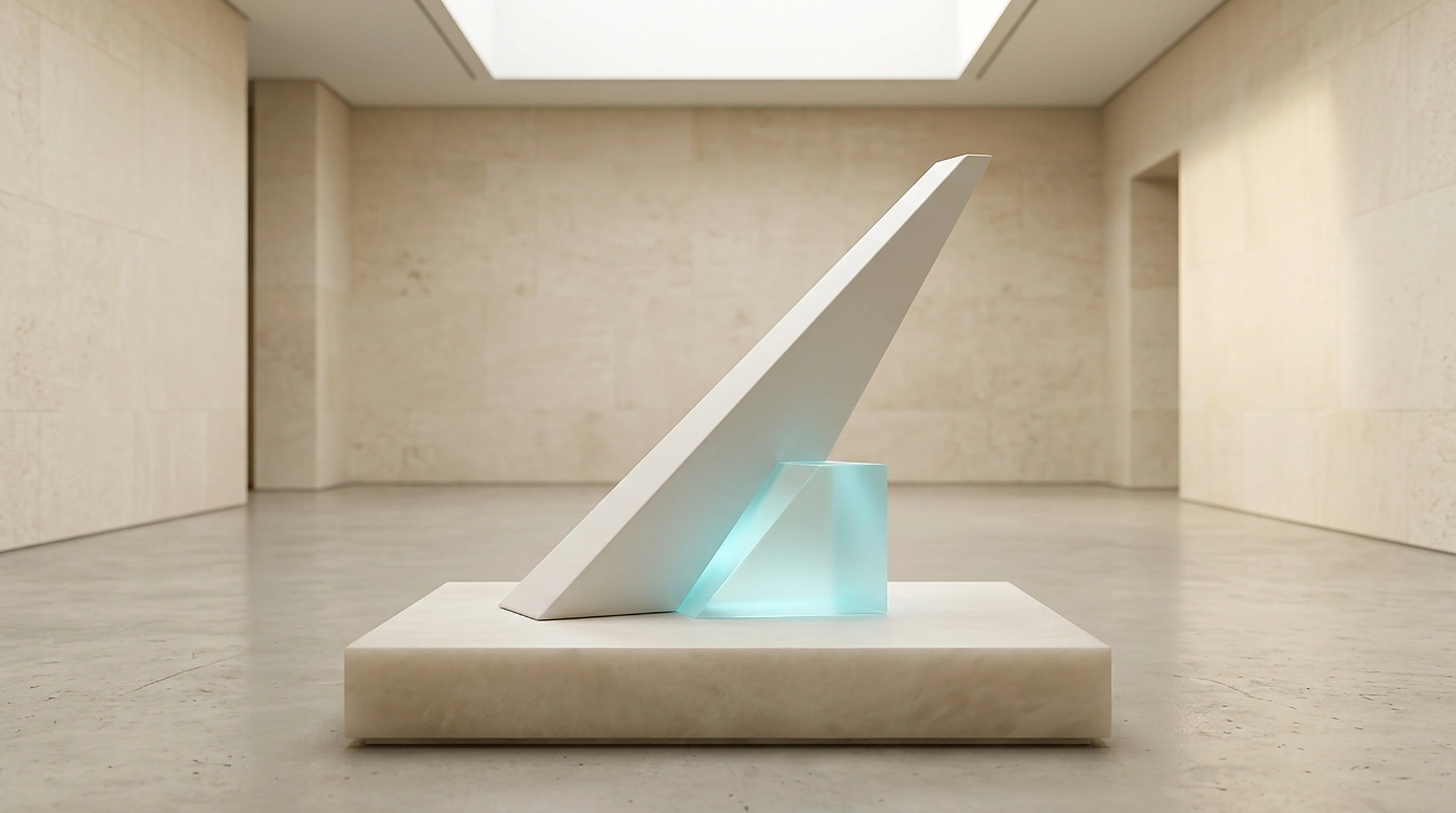 Minimalist white porcelain diagonal wedge supported by frosted optical crystal block with subtle cyan glow on limestone plinth