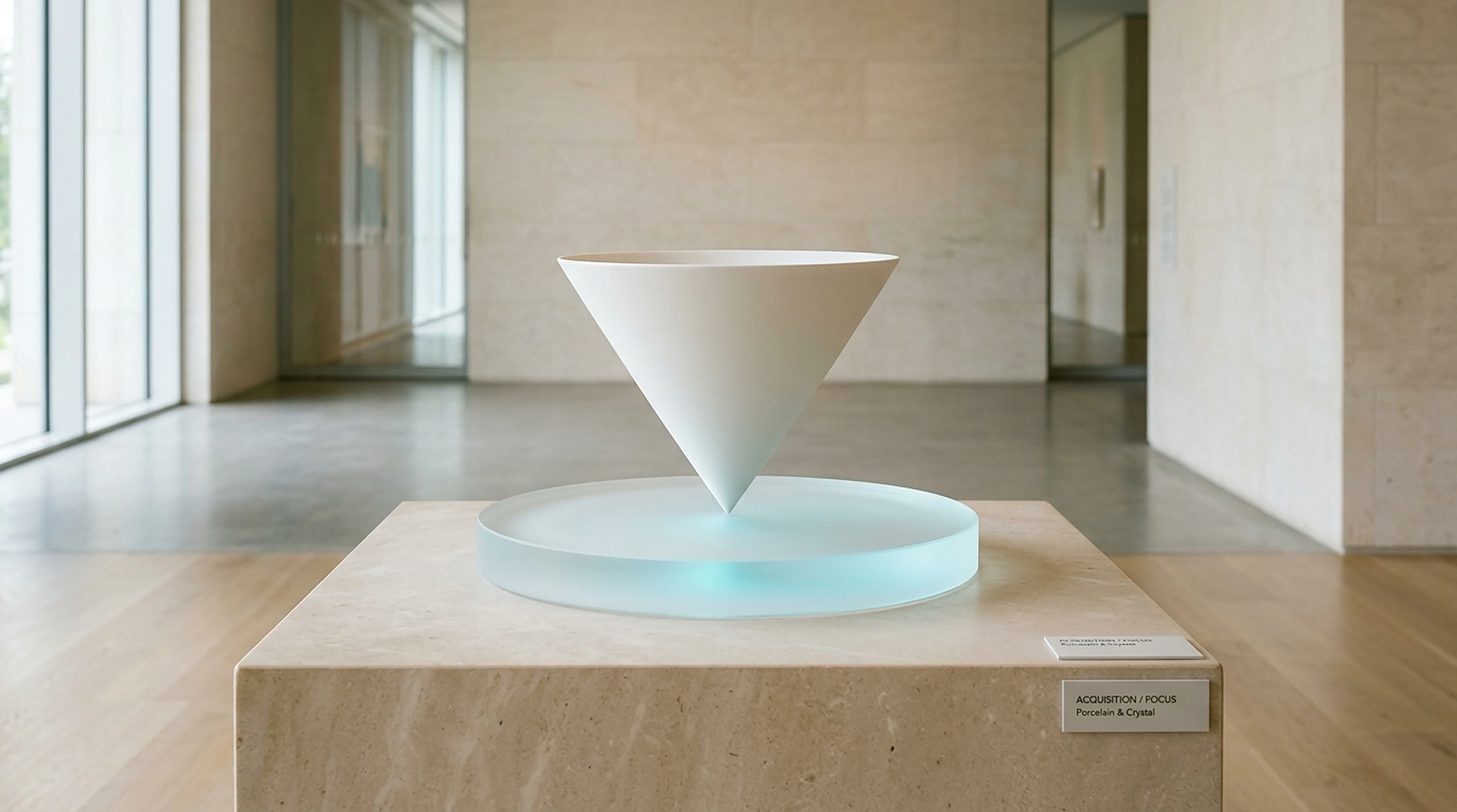 Minimalist white porcelain conical funnel balancing on frosted optical crystal disc with subtle cyan glow on alabaster plinth
