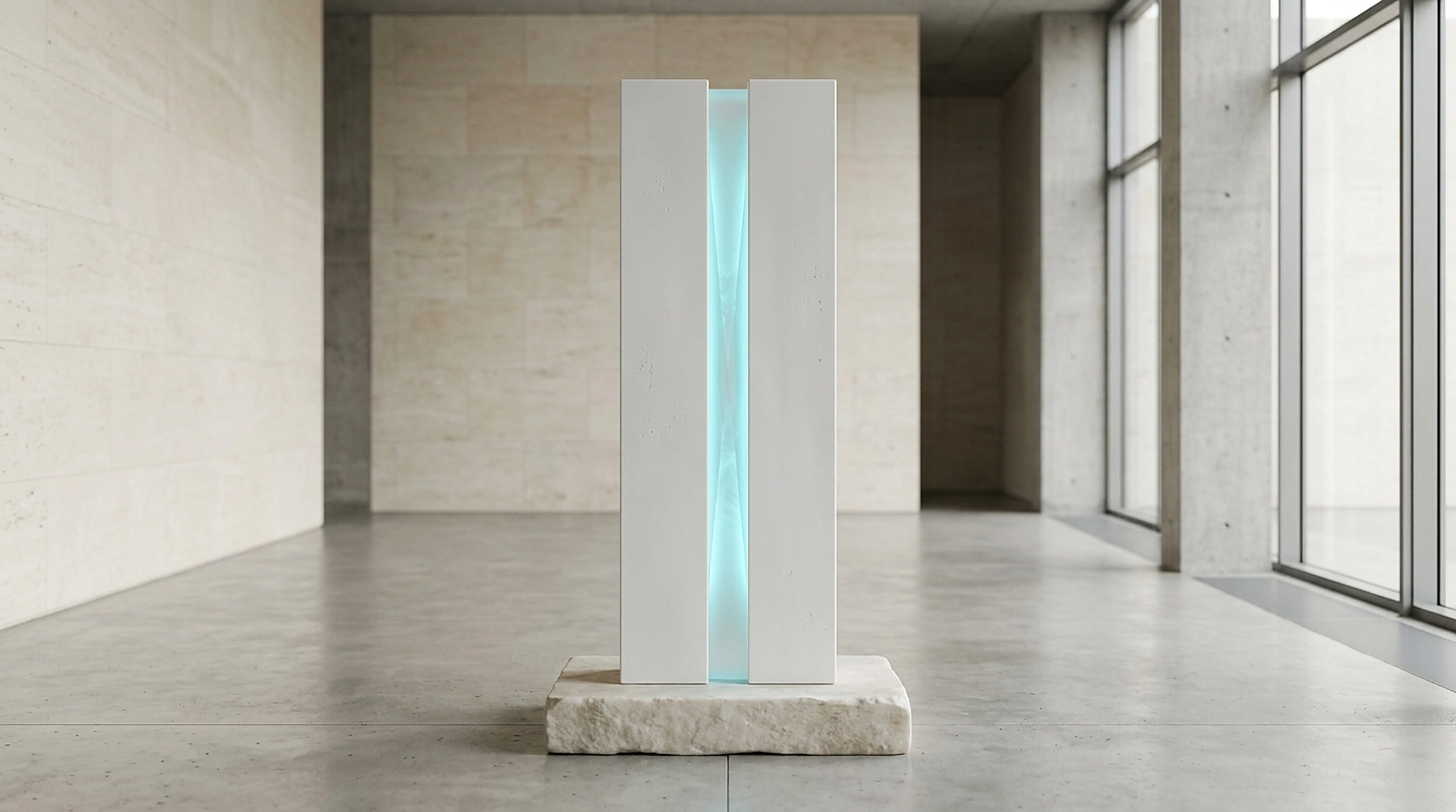Minimalist white porcelain architectural monolith with vertical illuminated cyan frosted crystal slit reveal on limestone plinth
