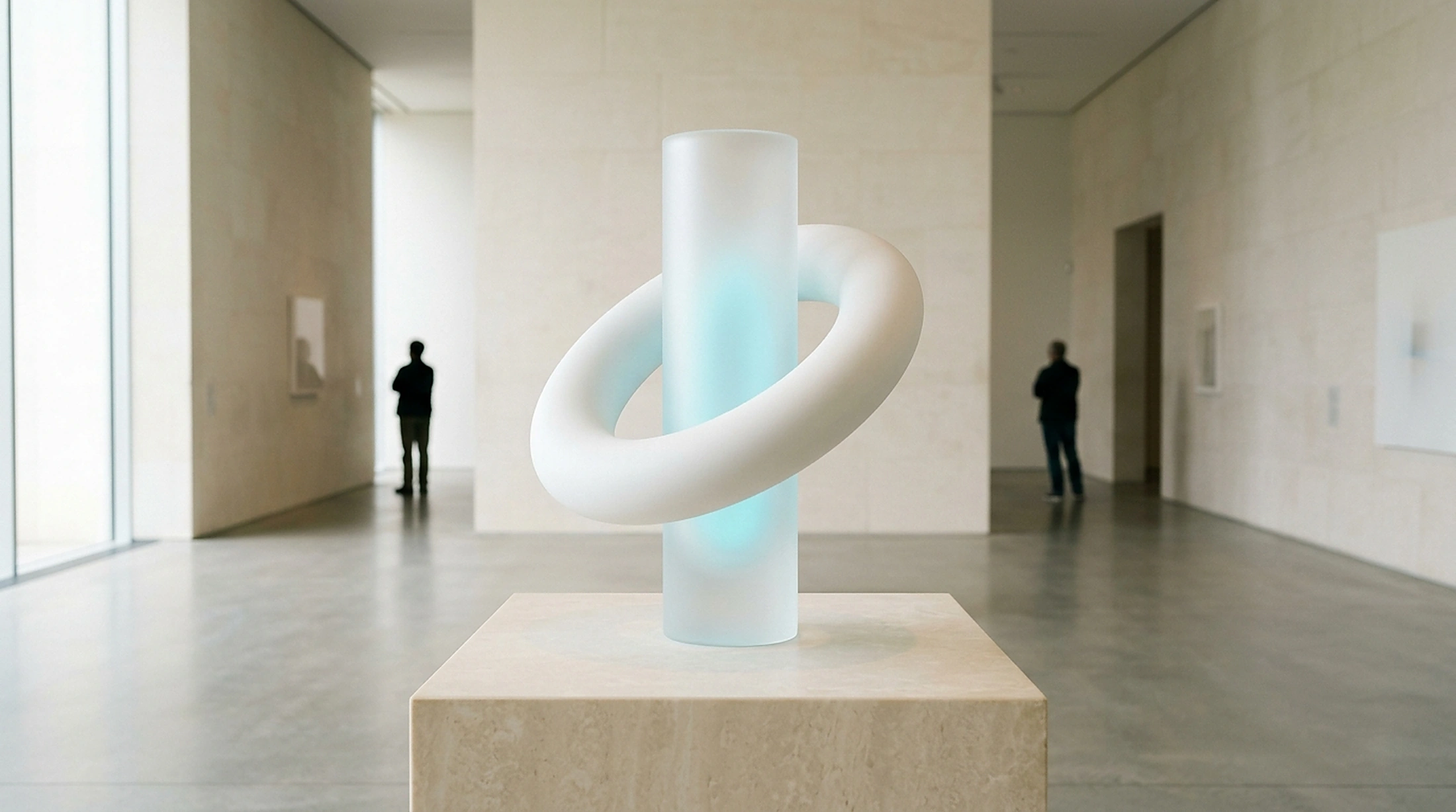 Minimalist white porcelain ring and frosted glass cylinder on alabaster plinth representing seamless automated workflows